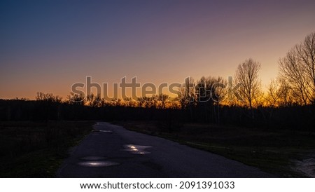 Old asphalt road and silhouettes of trees. Sunset. Autumn landscape, November. Web banner.