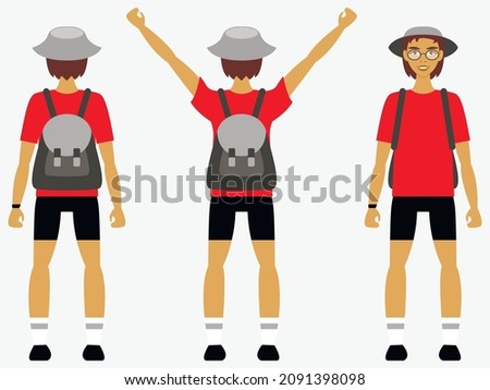 Vector graphics - a young man in a red T-shirt, bicycles with a backpack stands isolated front and back. Concept - active lifestyle