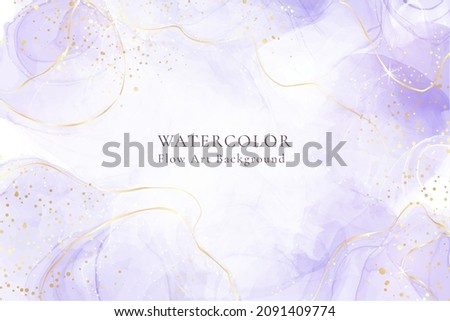 Purple lavender liquid watercolor background with golden lines. Pastel violet marble alcohol ink drawing effect. Vector illustration design template for wedding invitation, menu, rsvp.