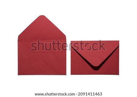 Top view photo of two open and closed burgundy color envelopes on isolated white background with copyspace