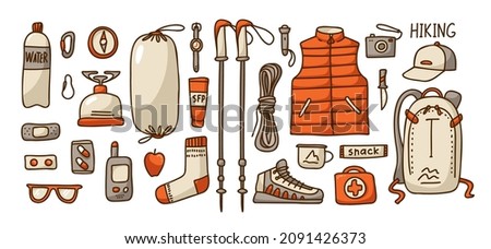Tourism items set. Hand drawn vector illustration in flat style.