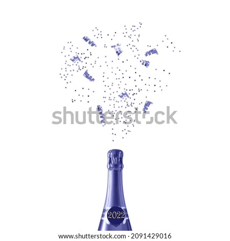 Happy New 2022 Year card. Violet champagne bottle with splash confetti isolated on white background. Trendy color of 2022  Very Peri.