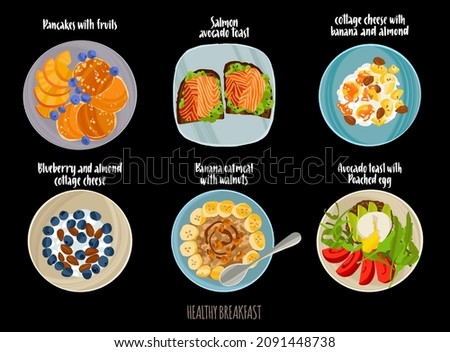 Delicious healthy breakfasts set. Hand drawn dishes in flat style with dry brush texture. Vector colorful meal illustrations and handwritten lettering for web articles, books and flyers.