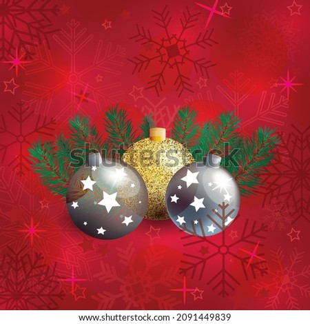 Vector illustration for New Year and Christmas. Christmas balls with fir branches on a red background. Beautiful background for greeting cards
