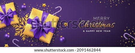 Christmas banner. Realistic gold gift boxes with purple bow, gold stars, shiny golden snowflake, balls and candy canes. Xmas green background, horizontal poster, greeting card, header website. Vector.