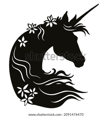 Black unicorn head silhouette with flowers in curly mane. Unicorn vector illustration isolated on white background. For print, cards, design, decor and textile