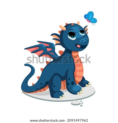 cute dragon with butterfly cartoon vector illustration