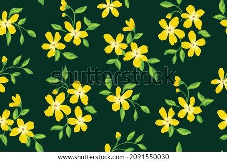 Seamless pattern with floral bouquets of yellow flowers and small leaves on a green background. Cute, slightly vintage floral print with drawn flowers, leaves. Simple botanical cover design. Vector.