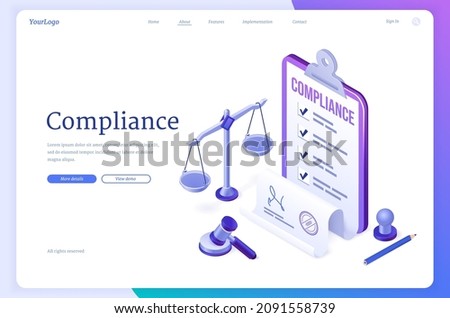 Compliance isometric landing page, concept of business policy documents for law legal regulation quality and procedures with document scales, gavel, seal stamp and pencil, 3d vector web banner Royalty-Free Stock Photo #2091558739