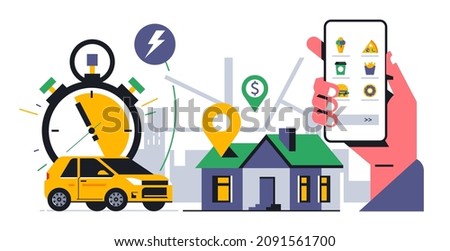 Online food delivery service to your home. Choice of food menu via mobile application for home delivery. Stopwatch, courier car, hand, phone, map, address, route, app. Vector illustration.