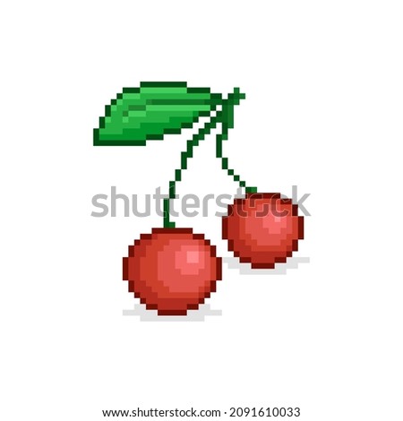 colorful simple flat pixel art illustration of cartoon pair of red cherries on a twig with green leaf on white background