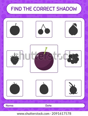 Find the correct shadows game with plum. worksheet for preschool kids, kids activity sheet