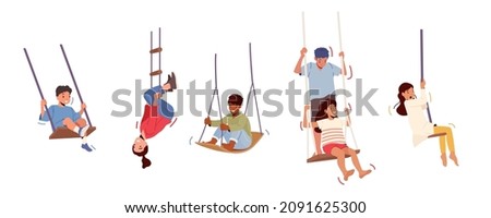 Set Happy Boys and Girls Swing Isolated on White Background. Little Children Characters Sitting on Rope Teeterboard Enjoying Recreation and Freedom. Kids on Playground. Cartoon Vector Illustration Royalty-Free Stock Photo #2091625300