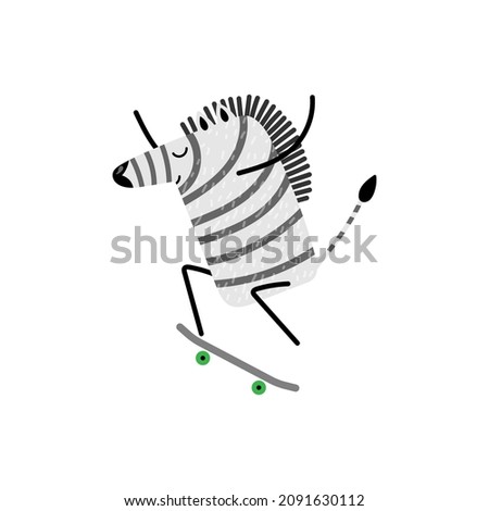 Cool Happy zebra skateboarding. Cute cartoon character jumps on skateboard, performs sports tricks. Funny Hand drawn Vector illustration on white background. Active lifestyle, extreme sport concept.