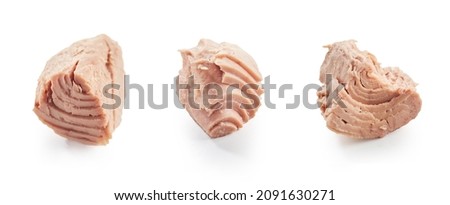 Sliced canned tuna fish pieces as ingredient for cooking recipe placed in row on white background Royalty-Free Stock Photo #2091630271