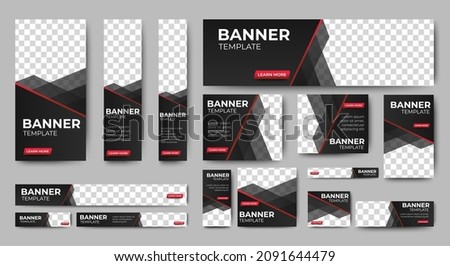 set of creative web banners of standard size with a place for photos. Gradient black. Business ad banner. Vertical, horizontal and square template. Royalty-Free Stock Photo #2091644479