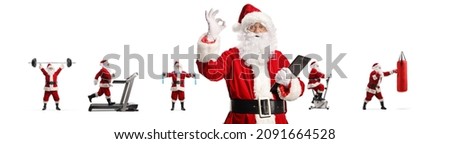 Santa claus gesturing good sign and standing in front of other santa clauses exercising isolated on white background