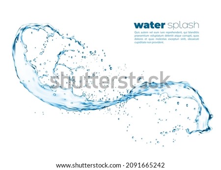 Isolated swirl transparent realistic water splash with drops. Vector liquid wave flow, splashing swirl aqua dynamic motion with spray droplets, fresh drink transparent whirl wave Royalty-Free Stock Photo #2091665242