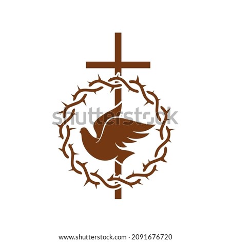 Christianity religion vector icon with dove and cross inside of crown of thorns. Christian catholic crucifix, pigeon and wreath with pikes, religious emblem isolated on white background