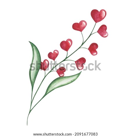 Watercolor illustration of hand painted red hearts as flowers with green leaves isolated on white. Clip art design element for birthday postcard, wedding invitation. Love card for Valentine's Day