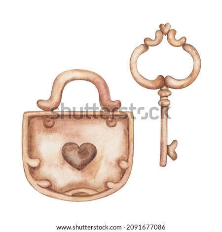 Watercolor illustration of hand painted rusry brown key and padlock with hearts isolated on white. Clip art design element for birthday postcard, wedding invitation. Love card for Valentine's Day