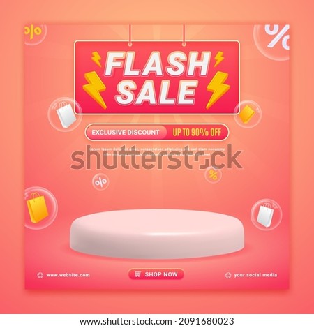 Flash sale promo banner template with podium and flying discount label, sale and discount background Royalty-Free Stock Photo #2091680023