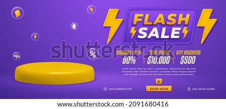Flash sale horizontal promo banner template with 3D podium and bolt icons on purple background Royalty-Free Stock Photo #2091680416