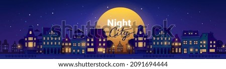 Vector illustration of silhouette of night city street with light window on dark blue sky background with shine full round moon and text night city. Flat style design for web, site, banner, poster Royalty-Free Stock Photo #2091694444