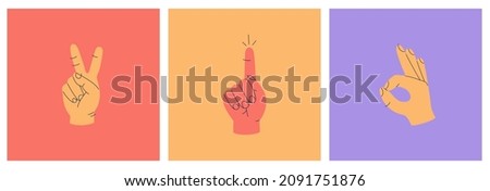 Set of hands showing fingers various gestures, count, victory icon, sign okay and index finger up. Hand drawn vector illustration isolated on colorful background. Modern trendy flat cartoon style. Royalty-Free Stock Photo #2091751876