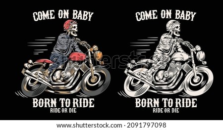 retro skull illustration riding custom motorcycle