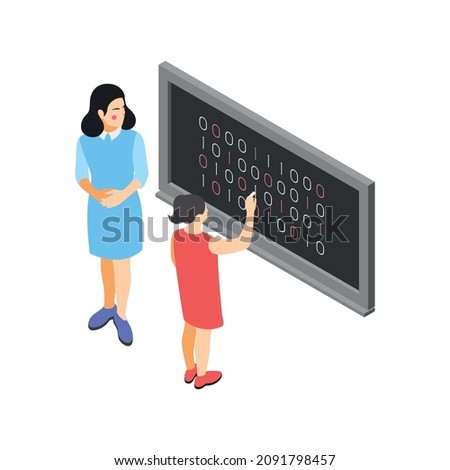 Children technical training centers isometric compositions set with robotic control systems programming science classes isolated vector illustration