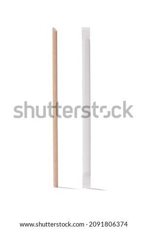 Detailed shot of a beige paper cocktail straw and the same straw in a white individual packaging. The cocktail straws are isolated on the white background. Royalty-Free Stock Photo #2091806374
