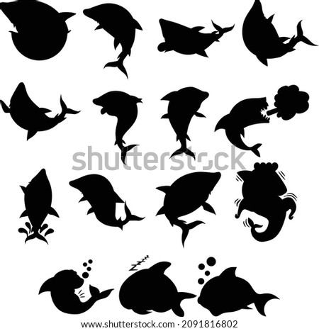 Shark character set silhouette vector art and illustration