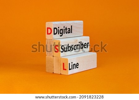 DSL digital subscriber line symbol. Concept words DSL digital subscriber line on wooden blocks. Beautiful orange table, orange background, copy space. Business and DSL digital subscriber line concept. Royalty-Free Stock Photo #2091823228