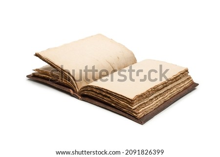 An open empty old notebook isolated on a white background. Copy space.  