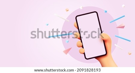 Cute cartoon hand holding mobile smart phone. Modern mockup. Vector illustration Royalty-Free Stock Photo #2091828193