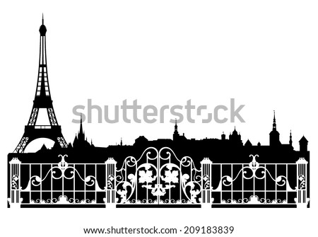Paris city easy editable decorative border - french cityscape with eiffel tower vector silhouette