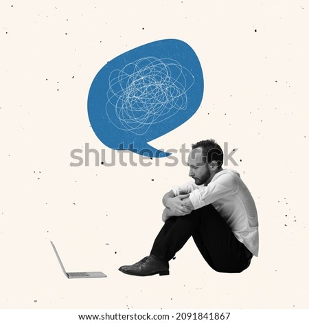 Creative design, contemporary art collage of sad, unhappy looking man sitting in front of laptop with thoughts bubble. Concept of communication, support, mentality, feelings, psychology and ad Royalty-Free Stock Photo #2091841867