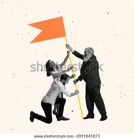 Creative contemporary art collage of people holding winning flag symbolizing success. Concept of achievement, professional and personal growth, career, team work. Copy space for ad