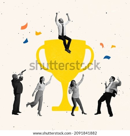 Creative design, contemporary art collage of group of people celebrating victory, dancing around gold cup trophy symbol. Concept of win, competition, achievement, happiness, support. Copy space for ad
