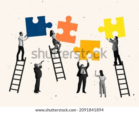 Contemporary art collage. Group of people making puzzles symbolizing team work. Brainstorm. Concept of partnership, team, career, motivation, achievement, professional growth. Copy space for ad