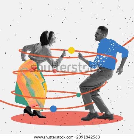 Timeless rock-and-roll. Contemporary art collage. Dancing couple in retro 70s, 80s styled clothes isolated over light background with drawings. Concept of art, music, fashion, party, creativity Royalty-Free Stock Photo #2091842563