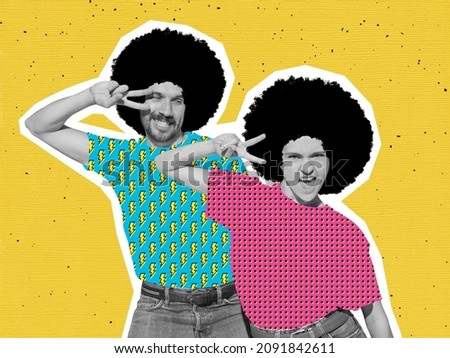 Disco. Stylish couple dancing on bright background. Modern design, contemporary art collage. Inspiration, idea, trendy urban magazine style. Negative space to insert your or ad. Royalty-Free Stock Photo #2091842611