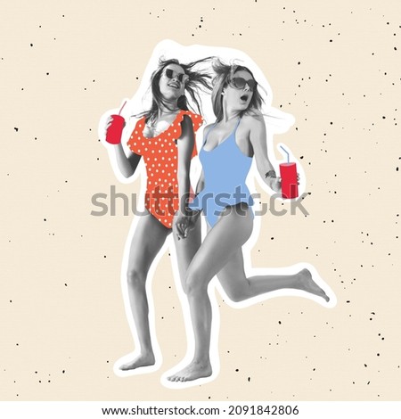 Two beautiful girls in swimming suits with lemonade on light background. Contemporary art collage, modern design. Copy space for ad. Conceptual bright art collage. Party time, fun summer mood.