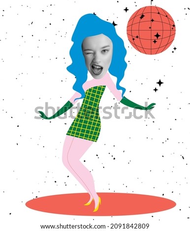 Young cheerful girl dancing at retro nightclub. Contemporary art collage, modern design. Party time, fun mood. Ideas, imagination, trendy magazine style. Holidays, music, youth. Funny meme emotions.