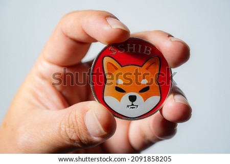 Hand or fingers picking Shiba coin group included with Crypto currency coin Dogecoin DOGE, bitcoin BTC, Ethereum ETH symbol Virtual blockchain technology future is digital money close up and Macro.
