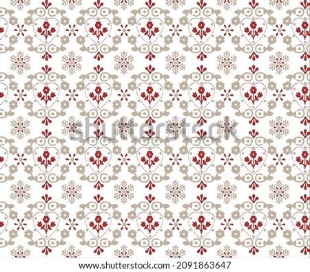 Floral xmas seamless pattern with flowers and heart shaped flower wreath in vintage style. Valentine's Day or Wedding wrapping paper on beige red pattern on white background.