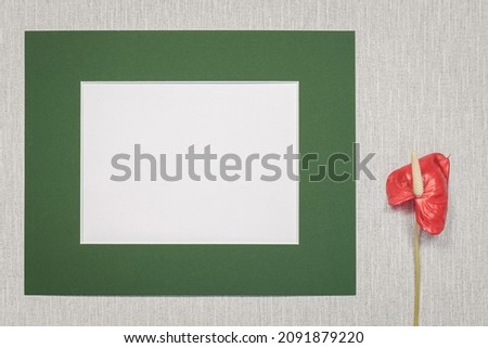 Photo frame on grey background with a red flower. To write a message, invitation, greetings, photograph.