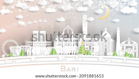 Bari Italy City Skyline in Paper Cut Style with Snowflakes, Moon and Neon Garland. Vector Illustration. Christmas and New Year Concept. Santa Claus on Sleigh. Bari Cityscape with Landmarks.