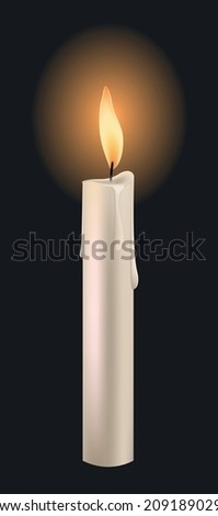 Vector realistic white  paraffin or wax burning candle with flame, melted wax drops, on dark background.